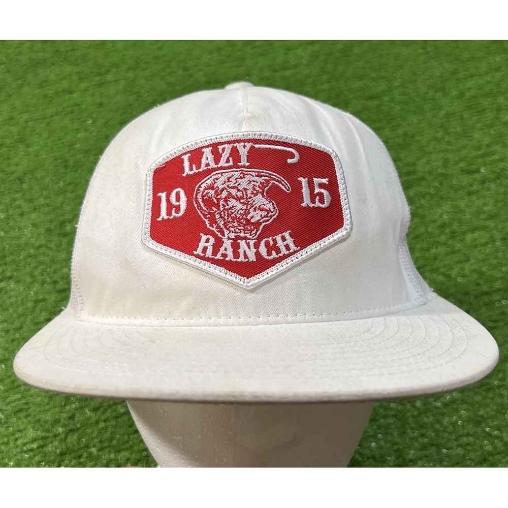 Lazy J Ranch Wear‎ Trucker Hat White Red Patch Retro Western SnapBack EUC logo